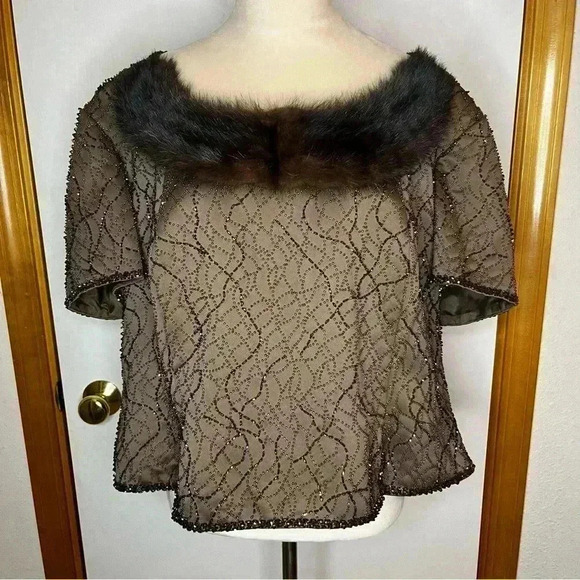 Vintage Vie By Victoria Royal Blouse Women 20L Brown Beaded Faux Fur Zip Crop - Picture 1 of 9